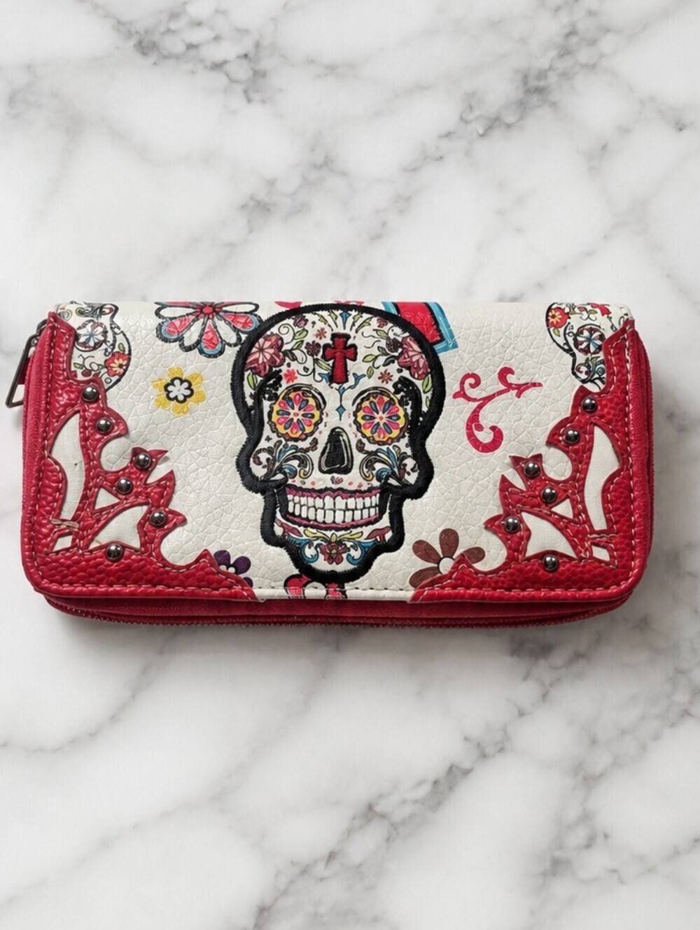 SUGAR SKULL Rare Zip-Around Wallet - Red & White